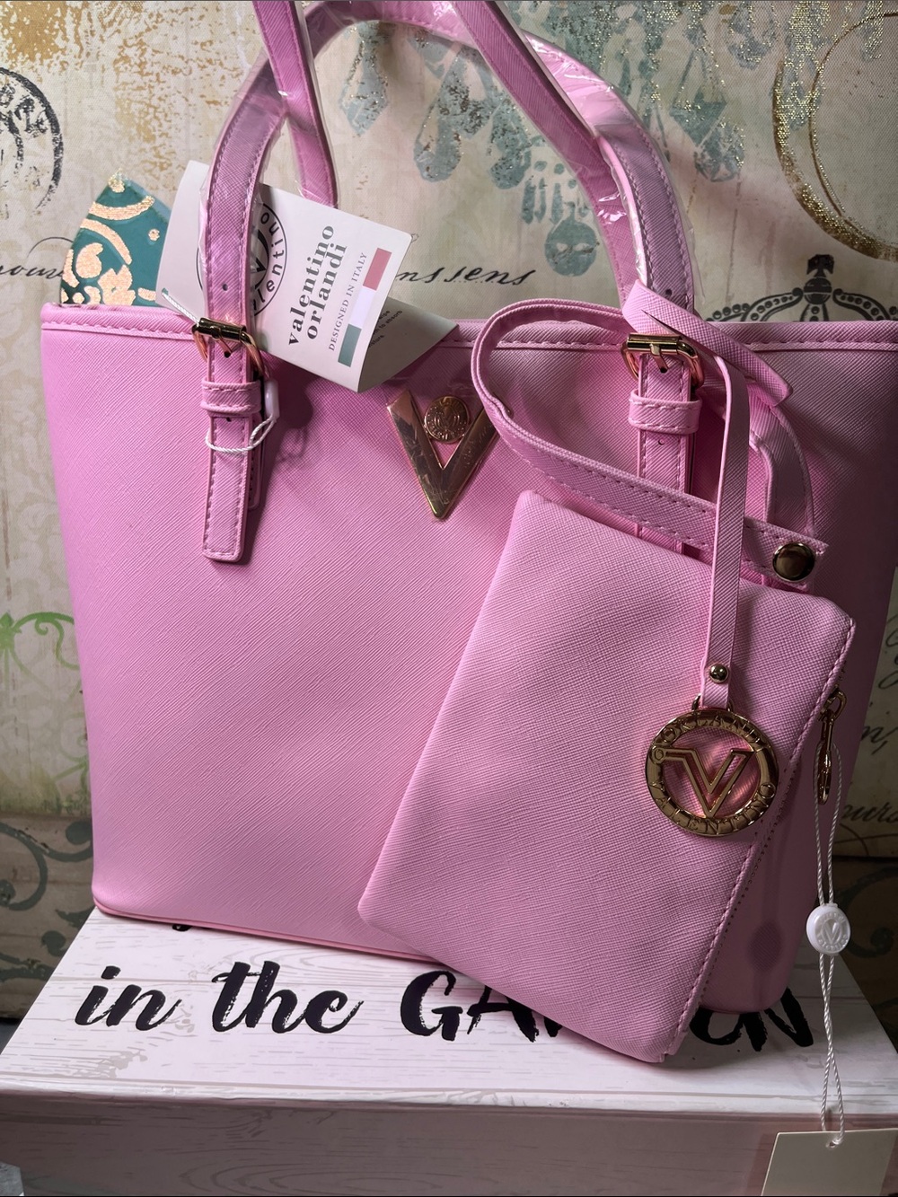 Valentino Orlandi Pastel Pink Tote with Matching Pouch and Gold Accent V charm
